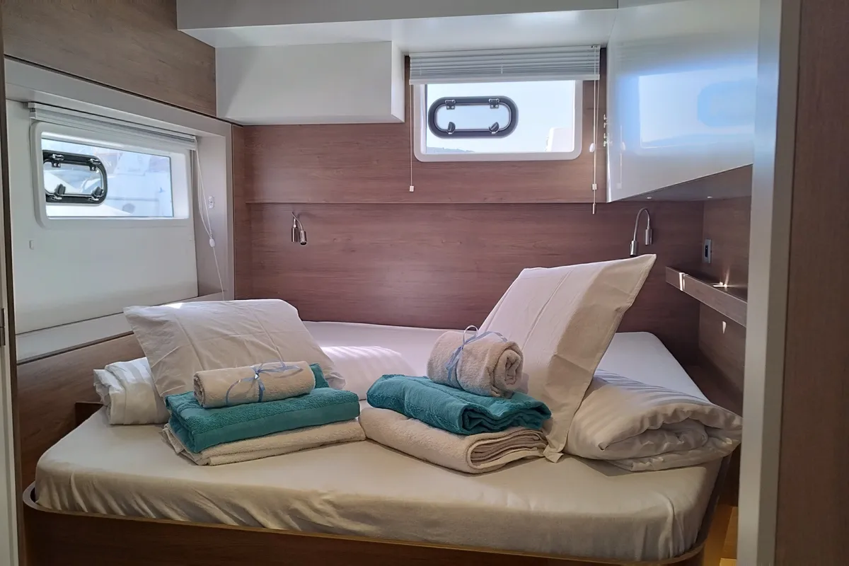 Cabin on Stenella, a Bali 4.4 catamaran at Olbia, Italy
