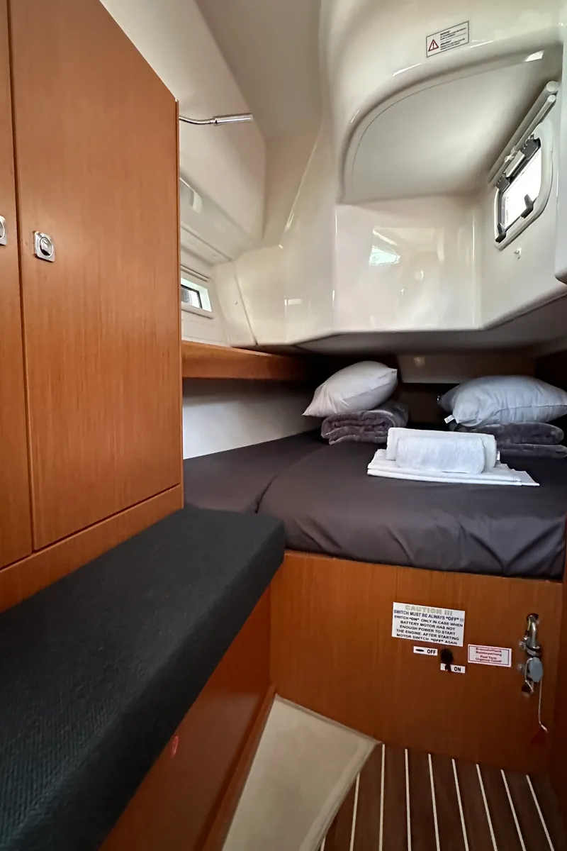 Cabin on Celestia, a Bavaria Cruiser 34 sailboat at Athens, Greece