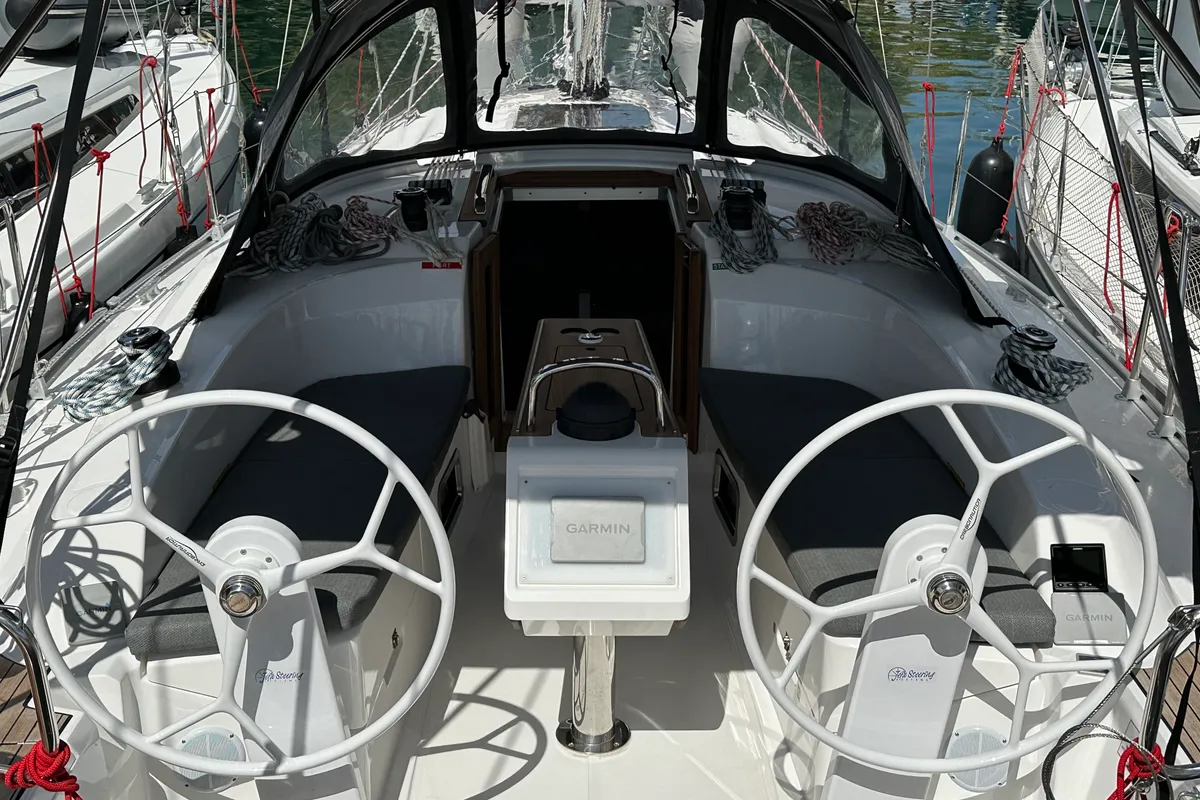 Cockpit of Celestia, a Bavaria Cruiser 34 sailboat at Athens, Greece