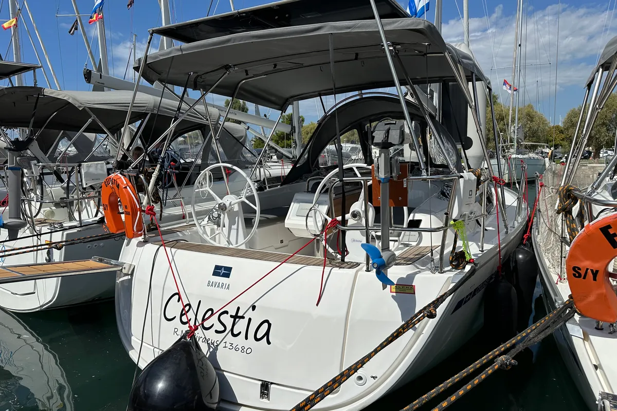 Exterior view of Celestia, a Bavaria Cruiser 34 sailboat at Athens, Greece