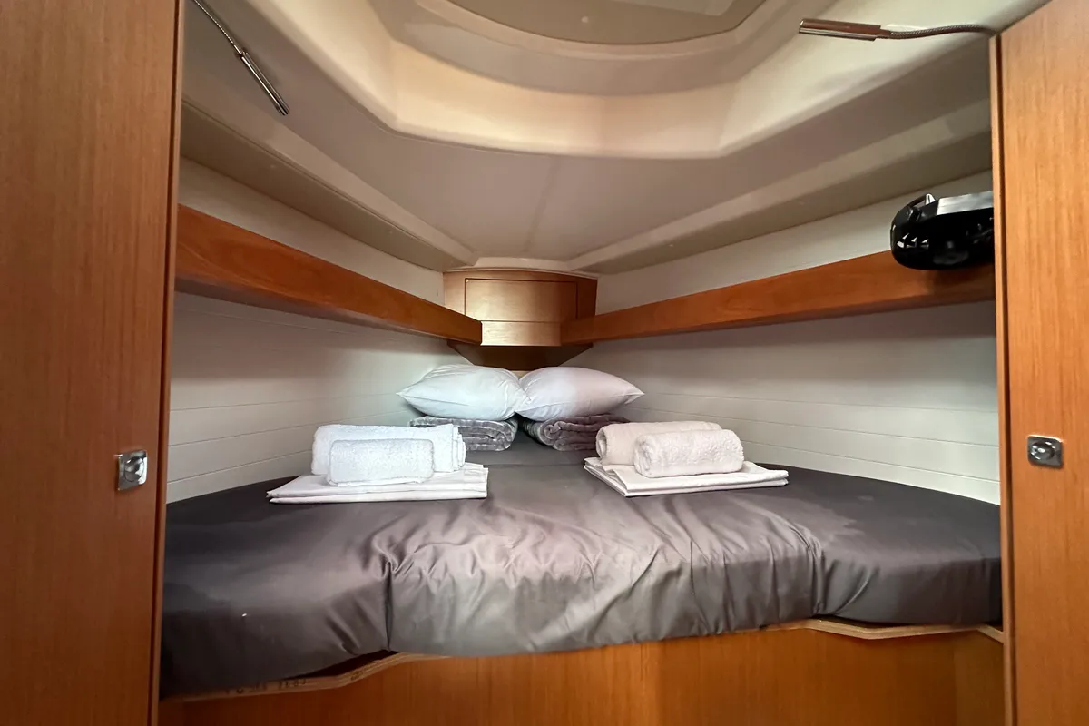 Cabin on Celestia, a Bavaria Cruiser 34 sailboat at Athens, Greece