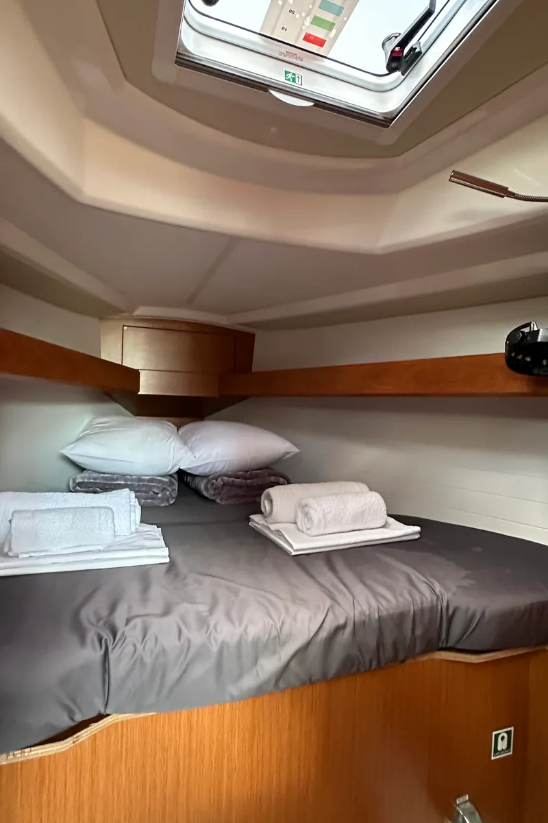 Cabin on Celestia, a Bavaria Cruiser 34 sailboat at Athens, Greece