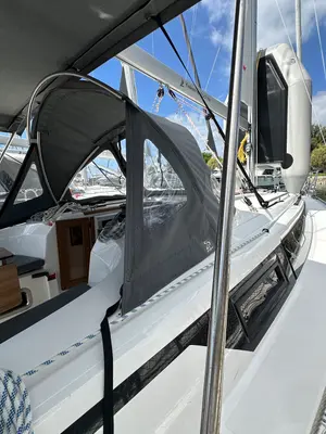 Deck of Celestia, a Bavaria Cruiser 34 sailboat at Athens, Greece