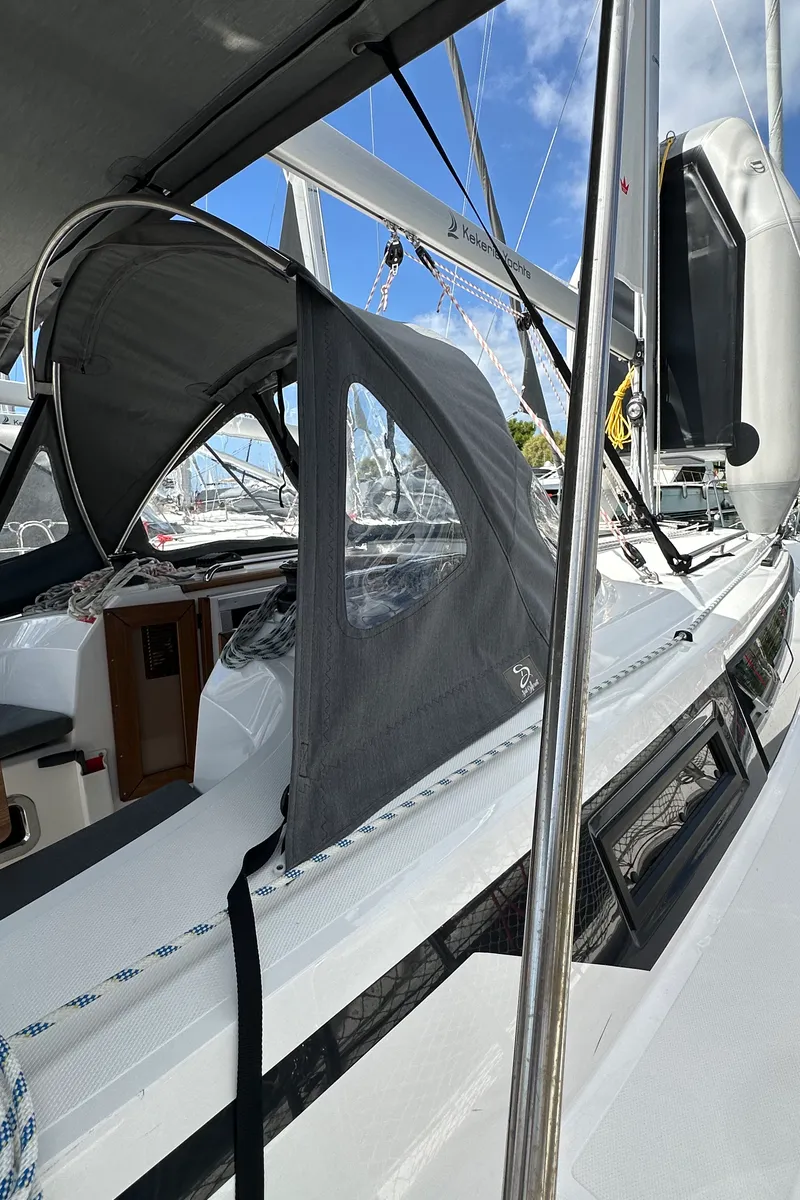 Deck of Celestia, a Bavaria Cruiser 34 sailboat at Athens, Greece