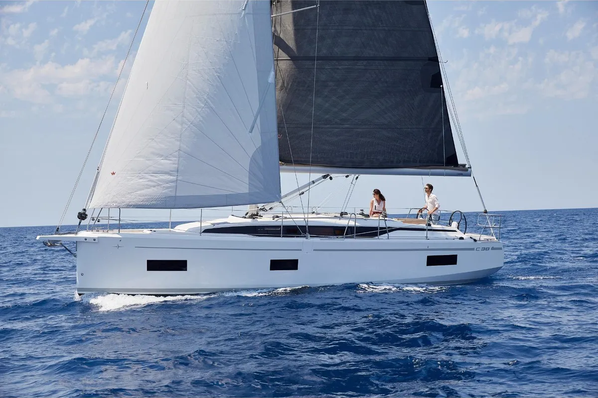 Exterior view of DEA, a Bavaria 38 sailboat at La Spezia, Italy