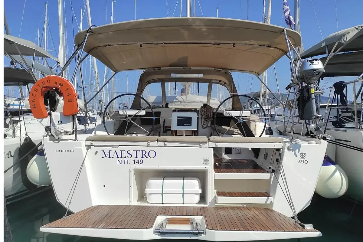 Exterior view of Maestro, a Dufour 390 Grand Large sailboat at Municipal Unit of Apollonioi, Greece