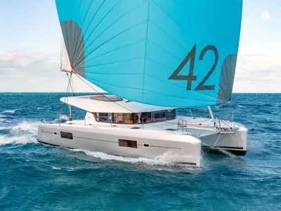 Exterior view of Aventus, a Lagoon 42 catamaran at Split, Croatia