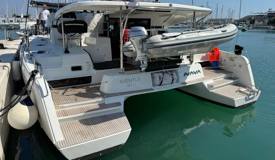 Exterior view of Aventus, a Lagoon 42 catamaran at Split, Croatia