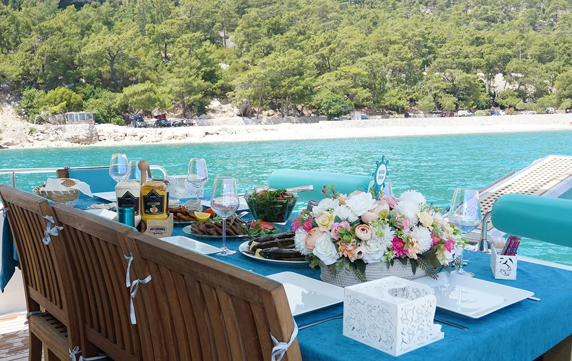 Deck of ADELYA, a Gulet Leomar 59 motor yacht at Konyaaltı, Turkey