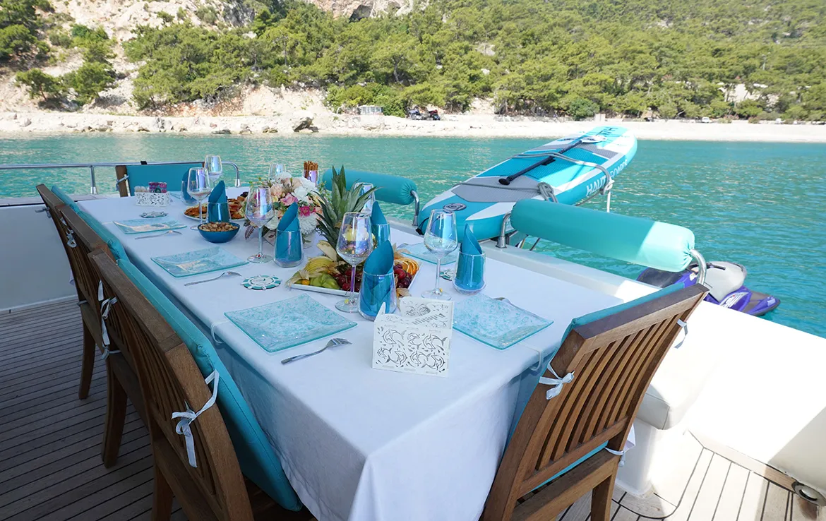Deck of ADELYA, a Gulet Leomar 59 motor yacht at Konyaaltı, Turkey