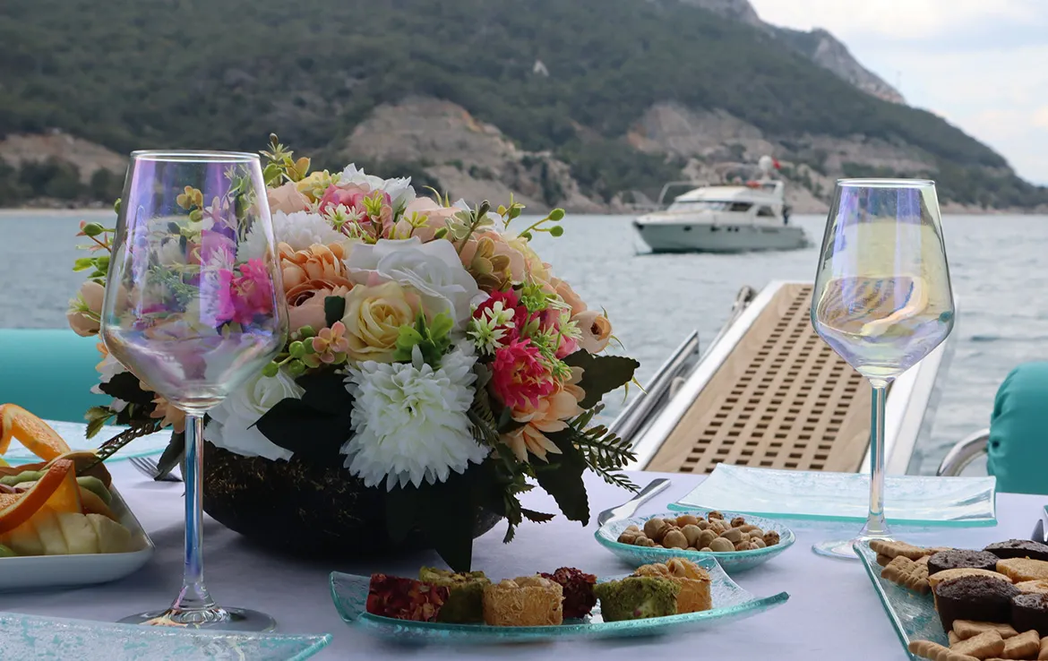 Deck of ADELYA, a Gulet Leomar 59 motor yacht at Konyaaltı, Turkey