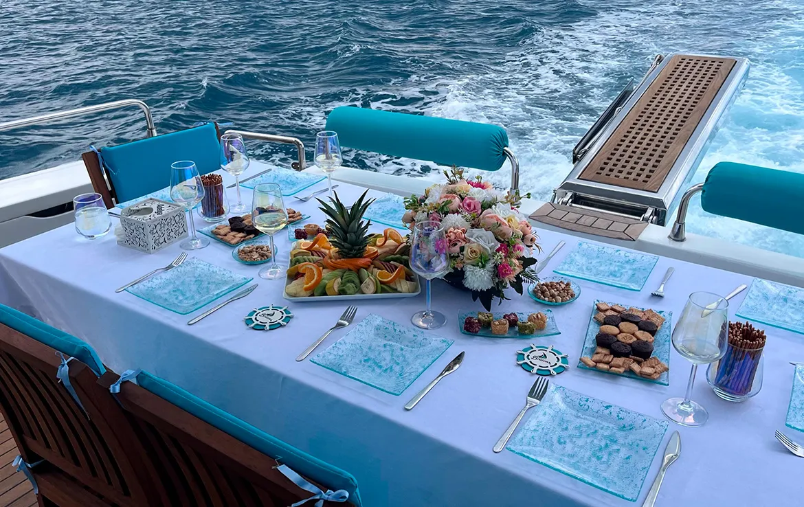 Deck of ADELYA, a Gulet Leomar 59 motor yacht at Konyaaltı, Turkey