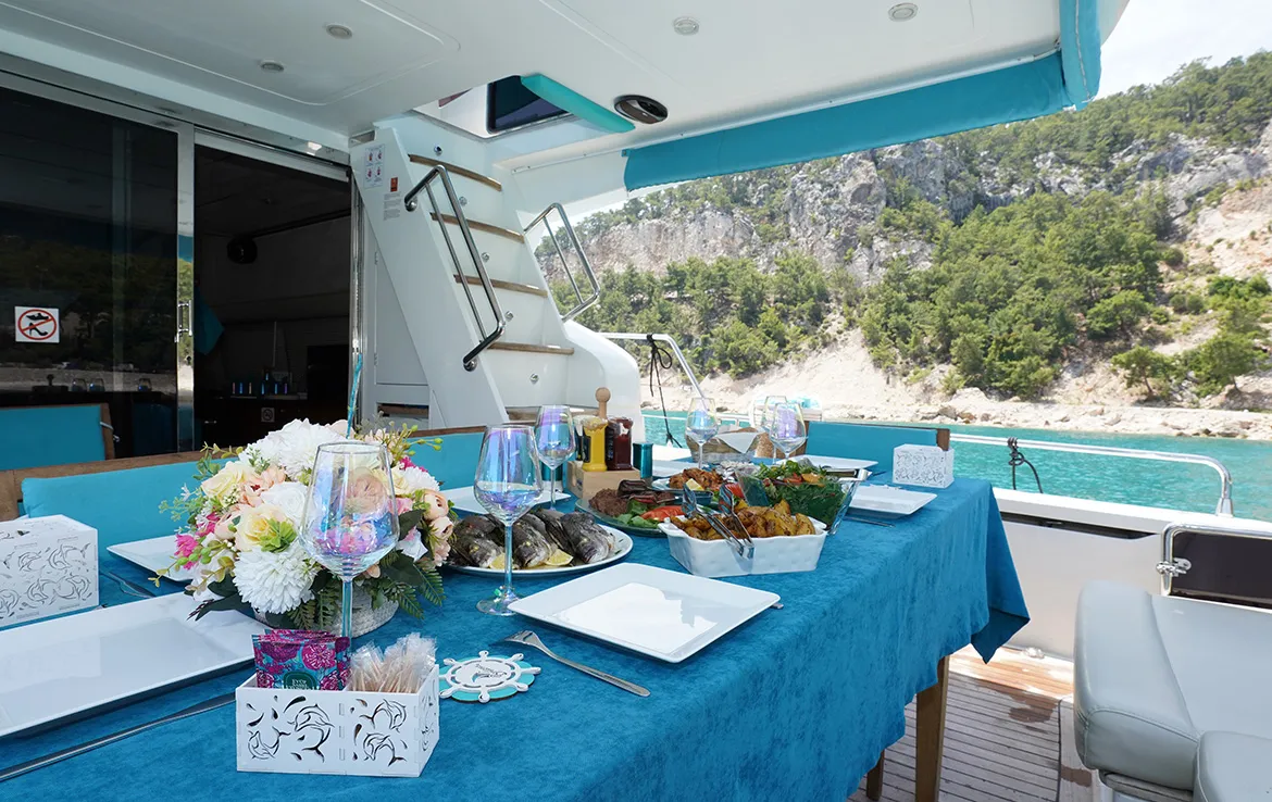 Deck of ADELYA, a Gulet Leomar 59 motor yacht at Konyaaltı, Turkey