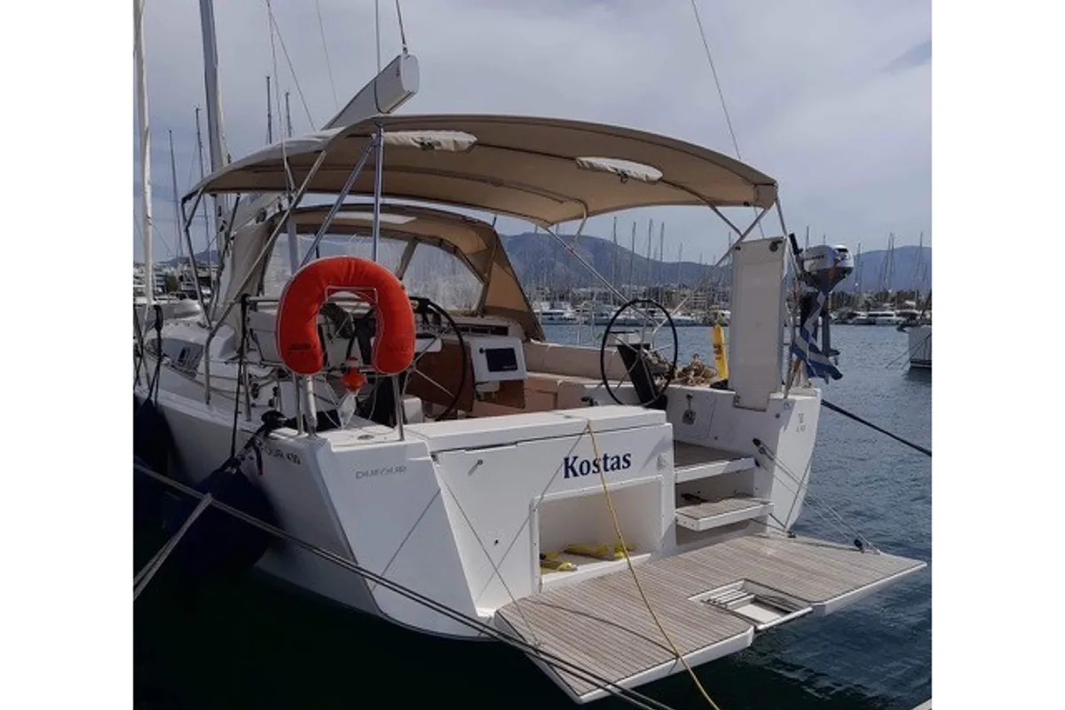 Exterior view of Kostas, a Dufour 430 sailboat at Athens, Greece