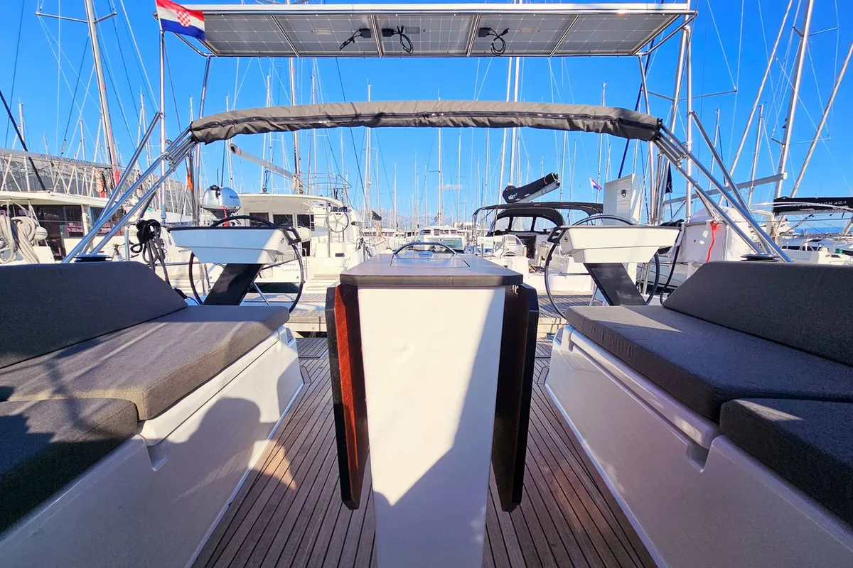 Deck of Virtuoso, a Dufour 44 sailboat at Grad Kaštela, Croatia