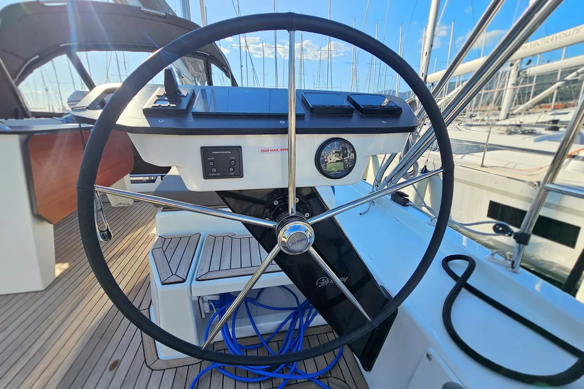 Cockpit of Virtuoso, a Dufour 44 sailboat at Grad Kaštela, Croatia