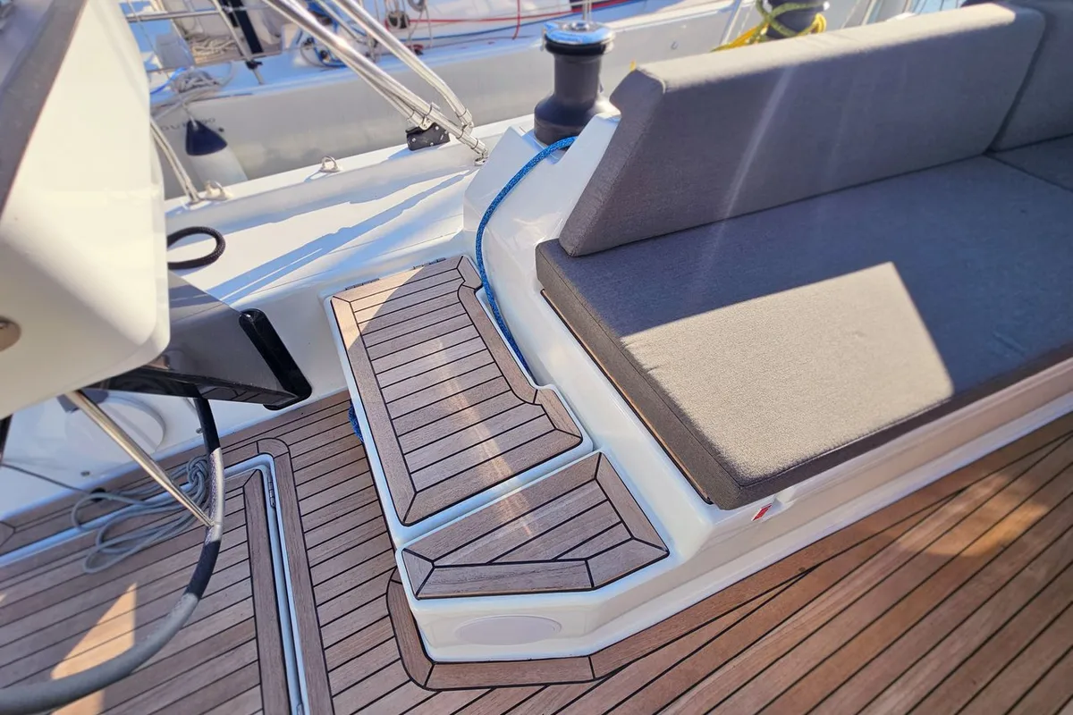 Deck of Virtuoso, a Dufour 44 sailboat at Grad Kaštela, Croatia