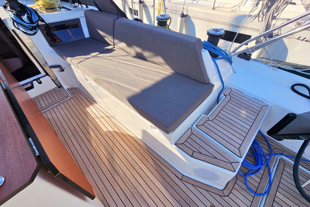 Deck of Virtuoso, a Dufour 44 sailboat at Grad Kaštela, Croatia