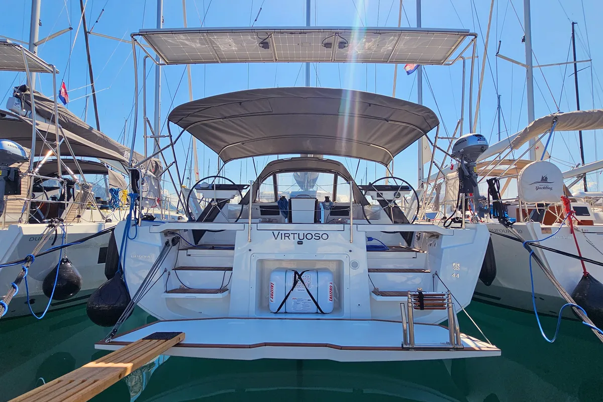Exterior view of Virtuoso, a Dufour 44 sailboat at Grad Kaštela, Croatia