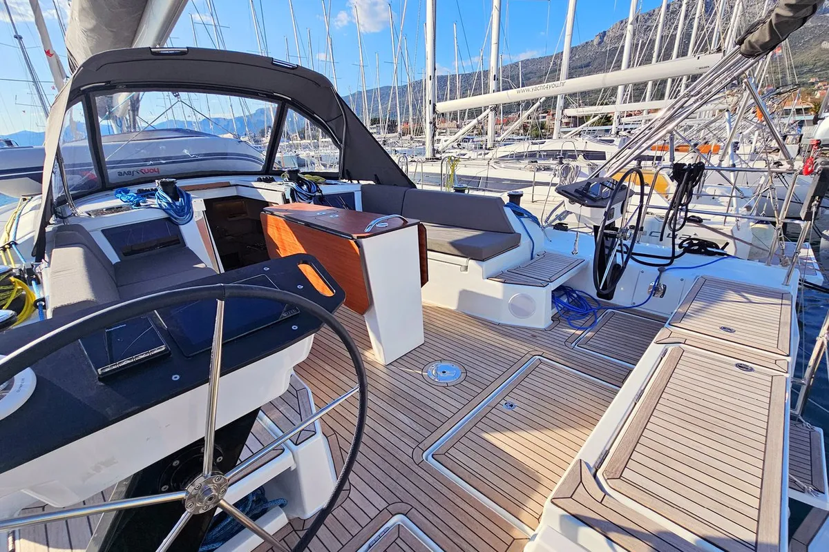 Deck of Virtuoso, a Dufour 44 sailboat at Grad Kaštela, Croatia