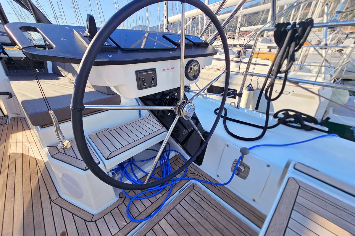 Cockpit of Virtuoso, a Dufour 44 sailboat at Grad Kaštela, Croatia