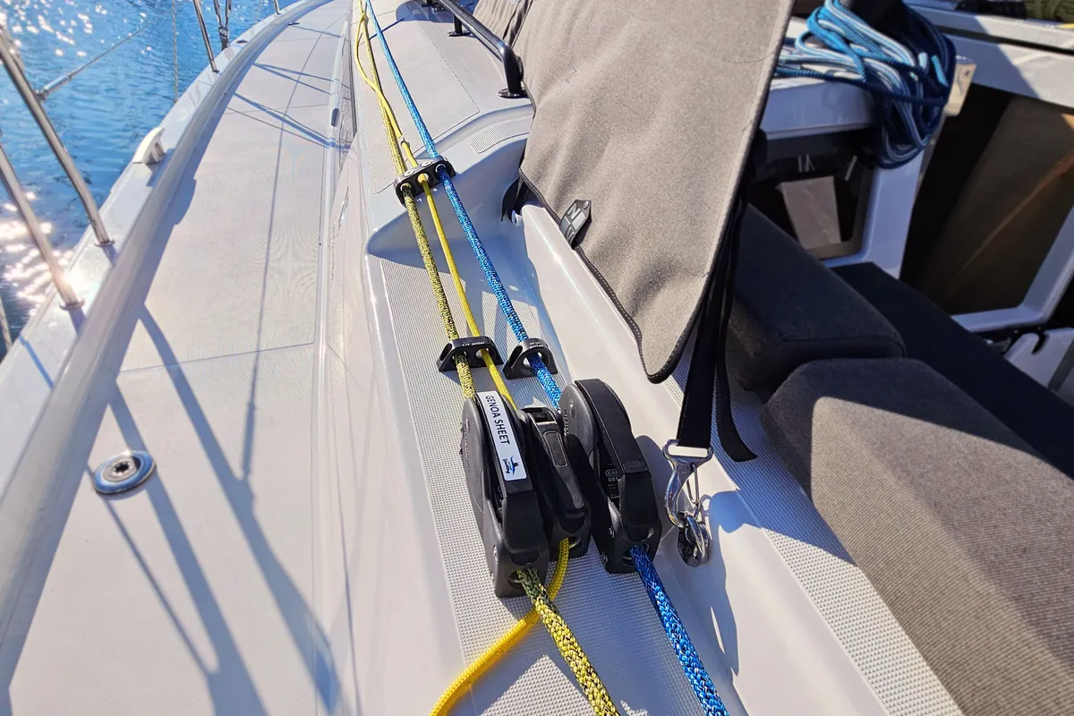 Deck of Virtuoso, a Dufour 44 sailboat at Grad Kaštela, Croatia