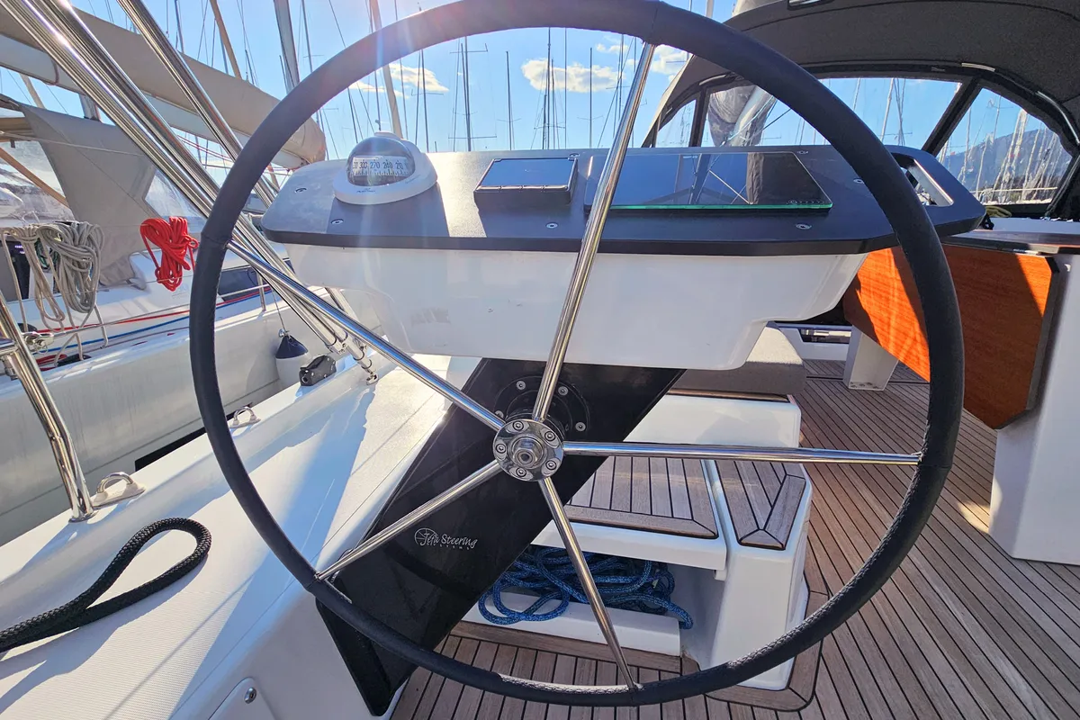 Cockpit of Virtuoso, a Dufour 44 sailboat at Grad Kaštela, Croatia