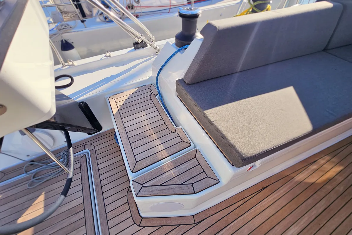 Deck of Virtuoso, a Dufour 44 sailboat at Grad Kaštela, Croatia
