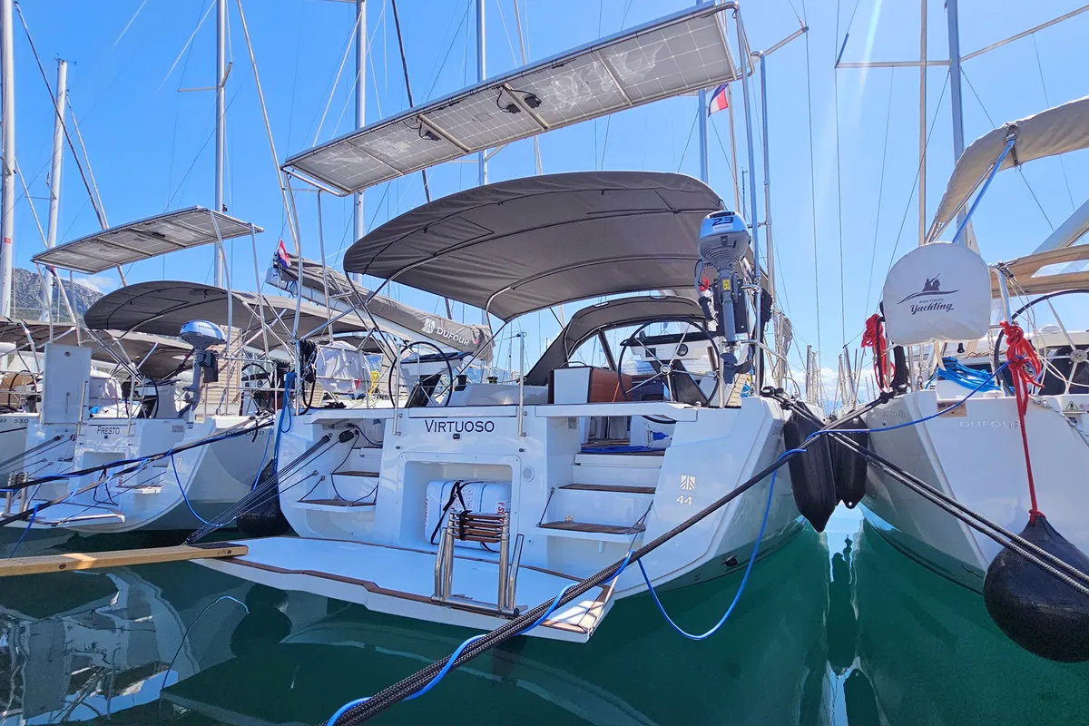 Exterior view of Virtuoso, a Dufour 44 sailboat at Grad Kaštela, Croatia