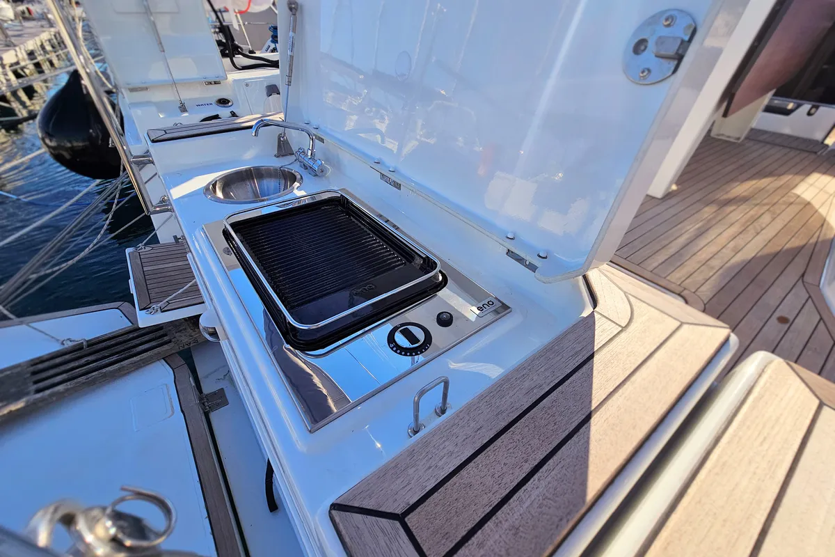 Deck of Virtuoso, a Dufour 44 sailboat at Grad Kaštela, Croatia