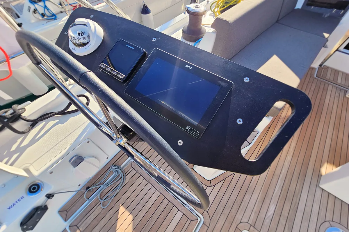 Cockpit of Virtuoso, a Dufour 44 sailboat at Grad Kaštela, Croatia