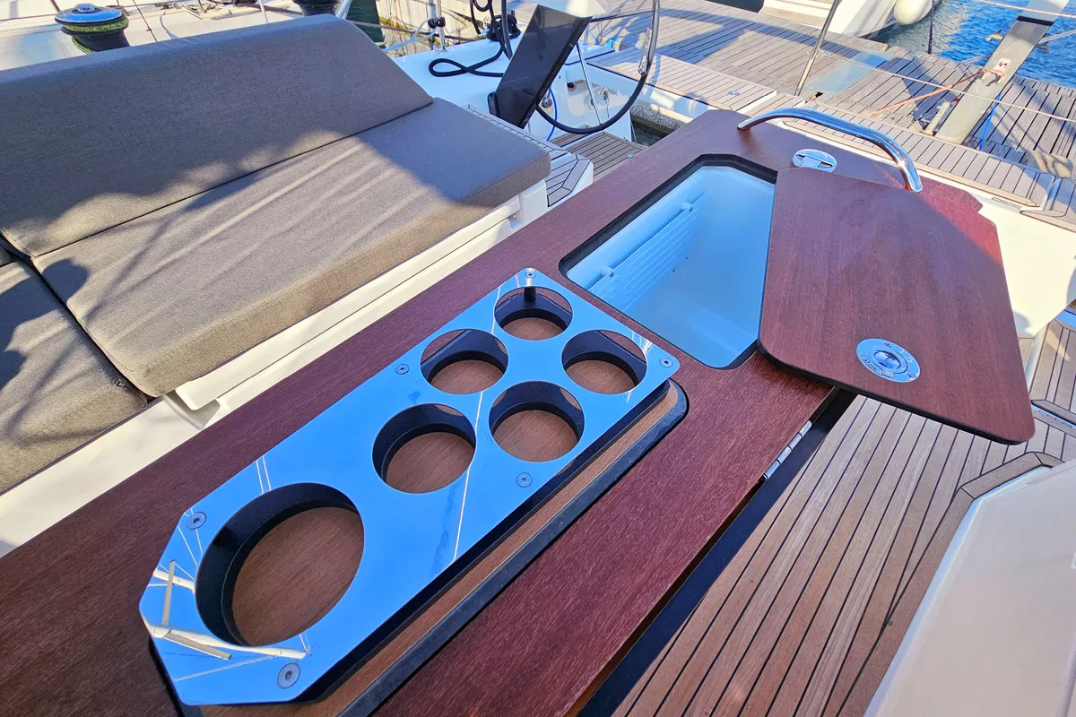 Deck of Virtuoso, a Dufour 44 sailboat at Grad Kaštela, Croatia
