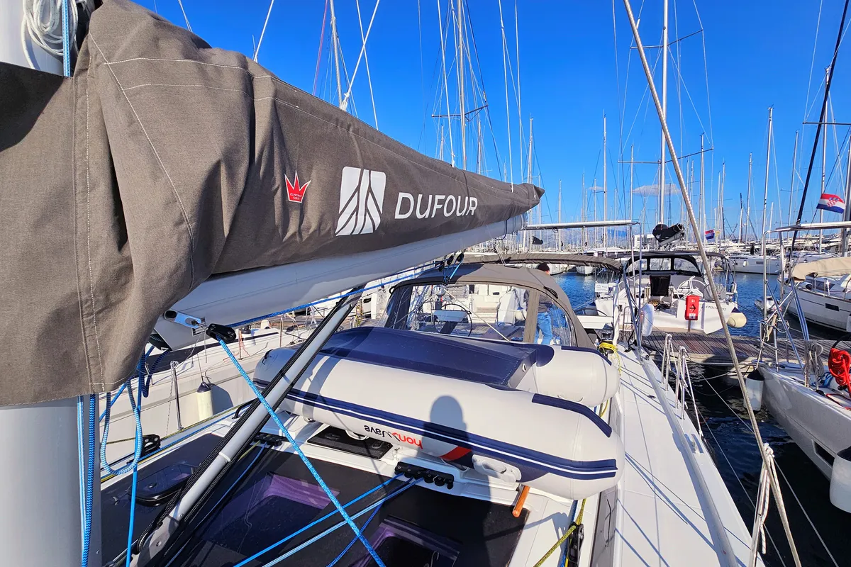 Exterior view of Virtuoso, a Dufour 44 sailboat at Grad Kaštela, Croatia
