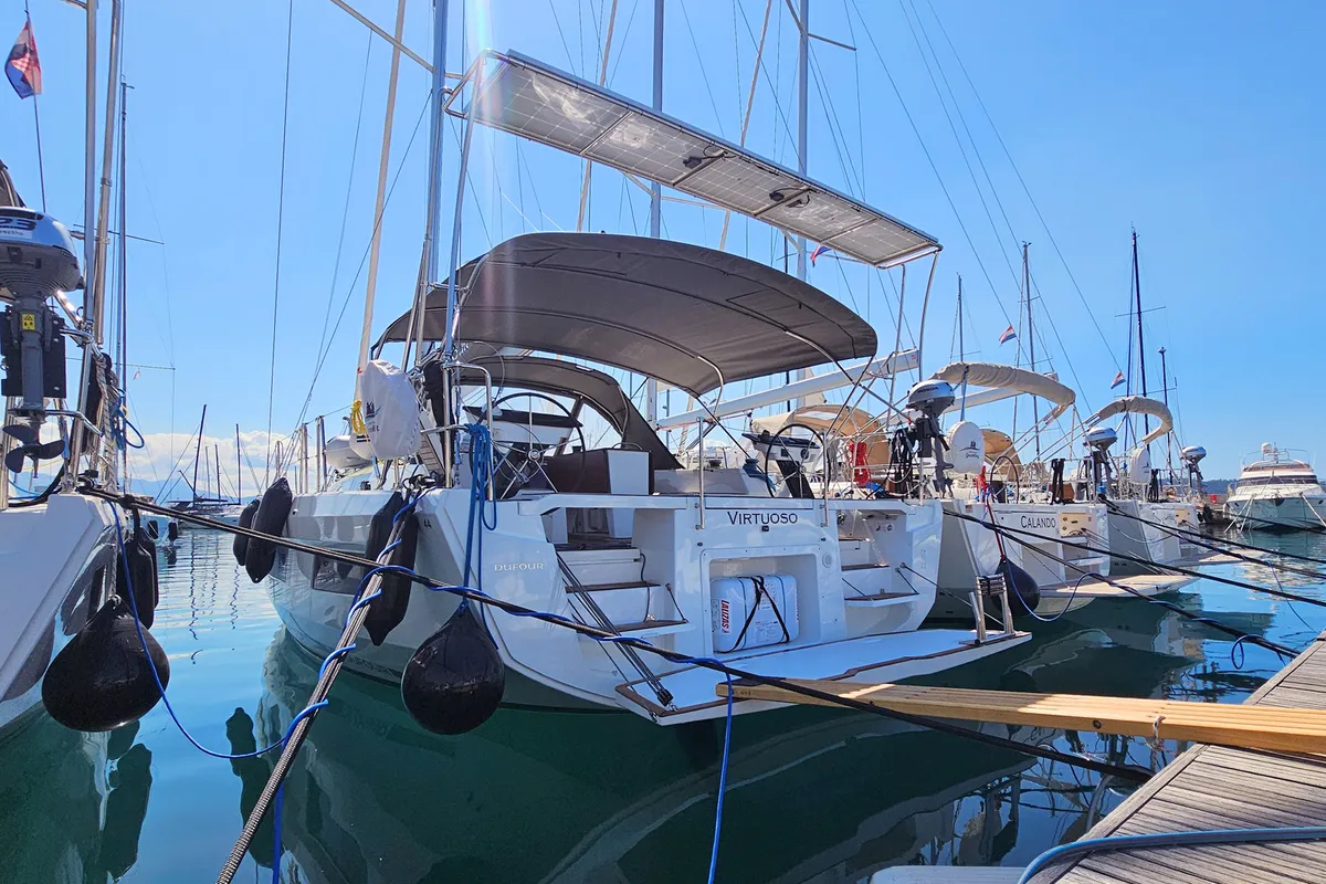 Exterior view of Virtuoso, a Dufour 44 sailboat at Grad Kaštela, Croatia