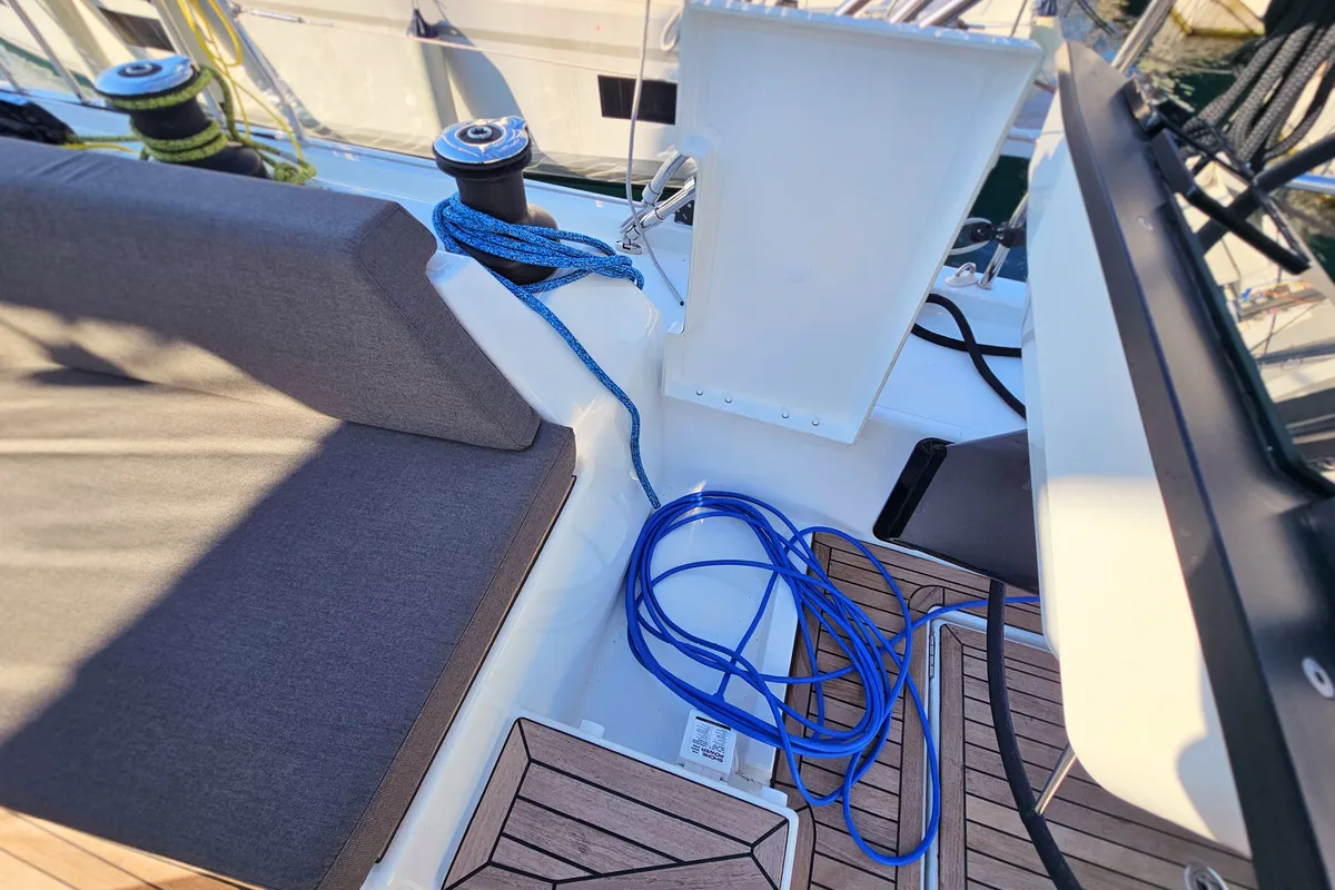 Deck of Virtuoso, a Dufour 44 sailboat at Grad Kaštela, Croatia