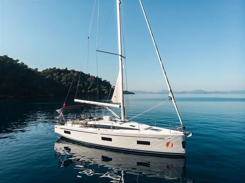 Exterior view of Nomad, a Bavaria C42 sailboat at Fethiye, Turkey