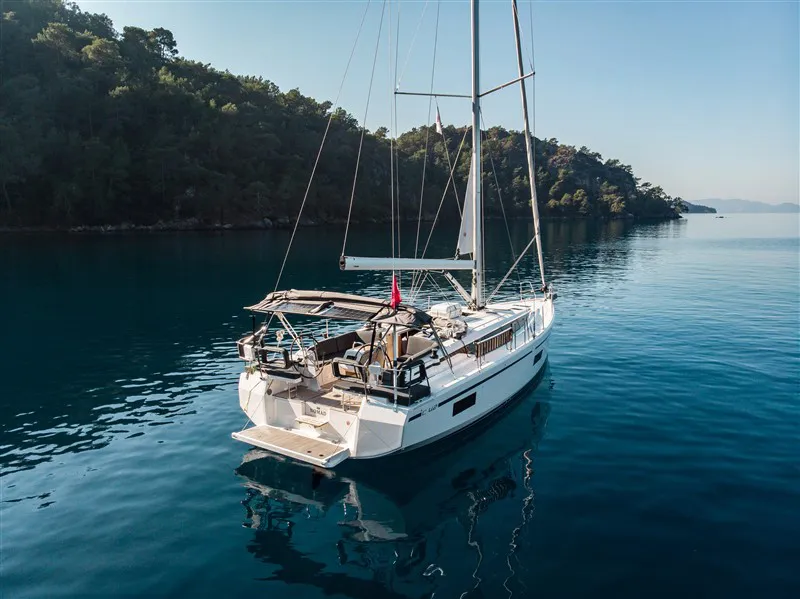 Exterior view of Nomad, a Bavaria C42 sailboat at Fethiye, Turkey