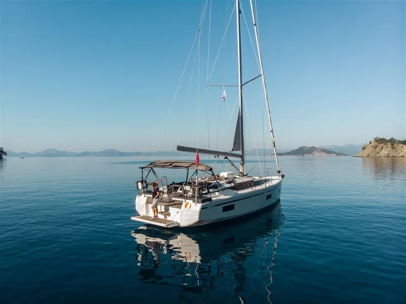 Exterior view of Nomad, a Bavaria C42 sailboat at Fethiye, Turkey