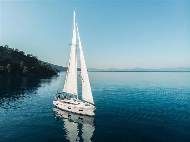 Exterior view of Nomad, a Bavaria C42 sailboat at Fethiye, Turkey