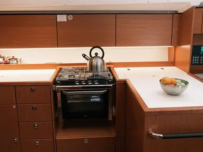 Galley of Nomad, a Bavaria C42 sailboat at Fethiye, Turkey