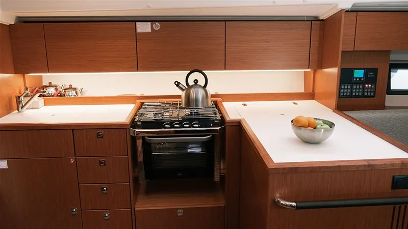 Galley of Nomad, a Bavaria C42 sailboat at Fethiye, Turkey