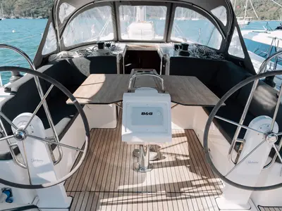 Cockpit of Nomad, a Bavaria C42 sailboat at Fethiye, Turkey
