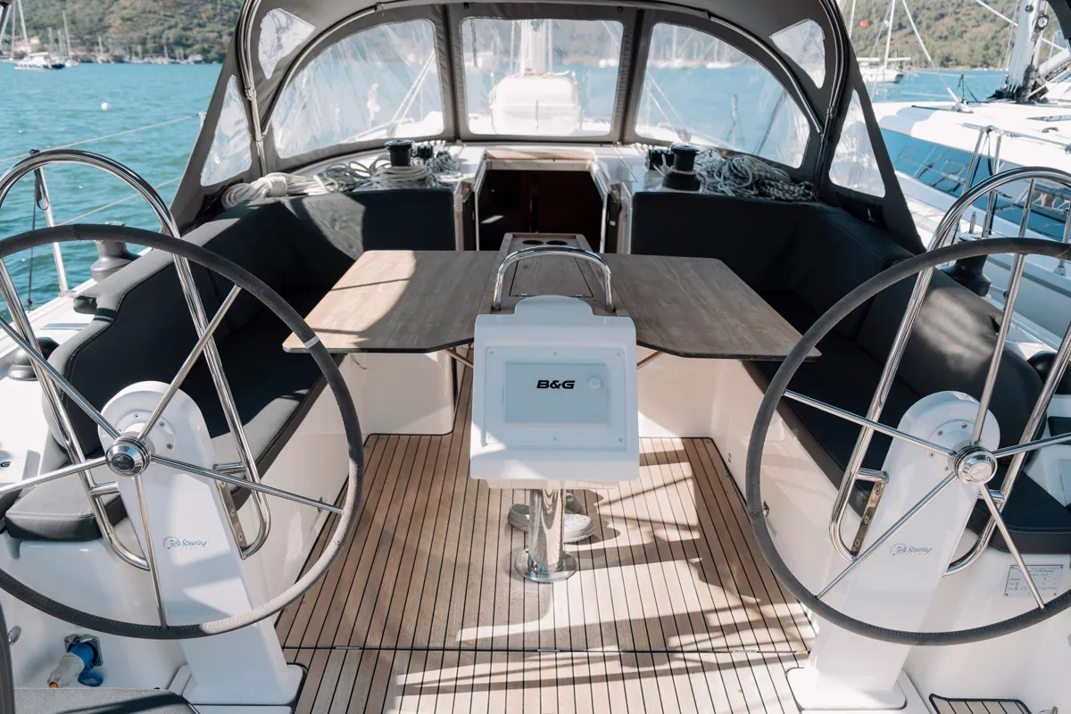 Cockpit of Nomad, a Bavaria C42 sailboat at Fethiye, Turkey