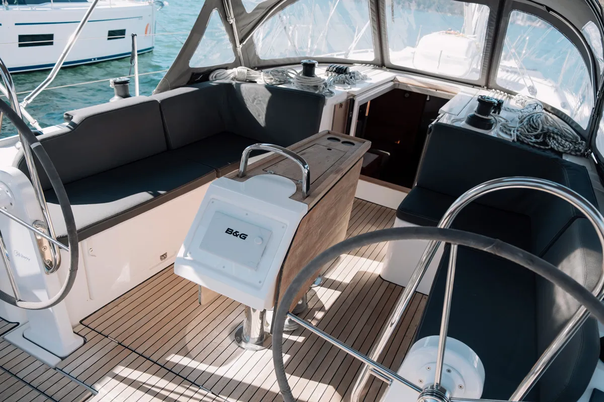 Cockpit of Nomad, a Bavaria C42 sailboat at Fethiye, Turkey