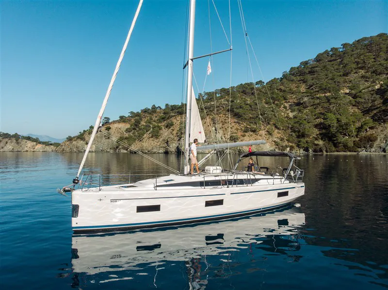 Exterior view of Nomad, a Bavaria C42 sailboat at Fethiye, Turkey