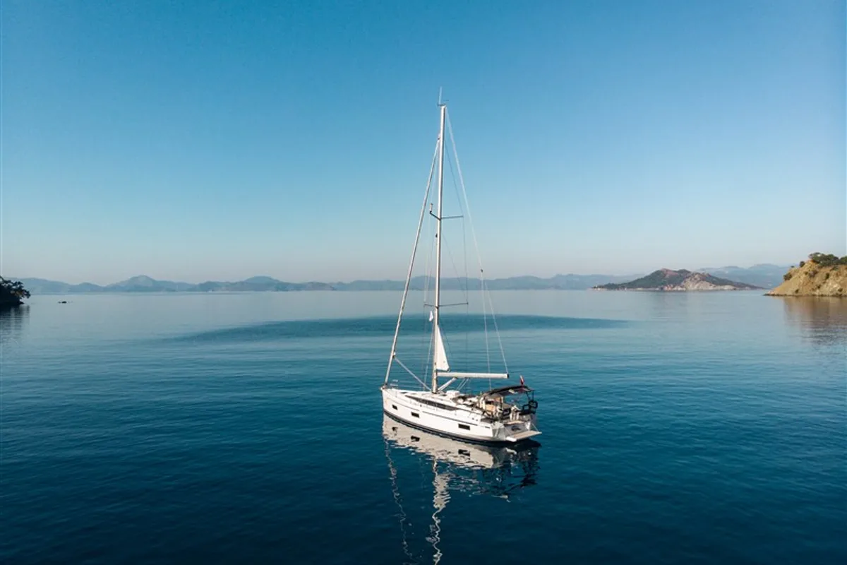 Exterior view of Nomad, a Bavaria C42 sailboat at Fethiye, Turkey