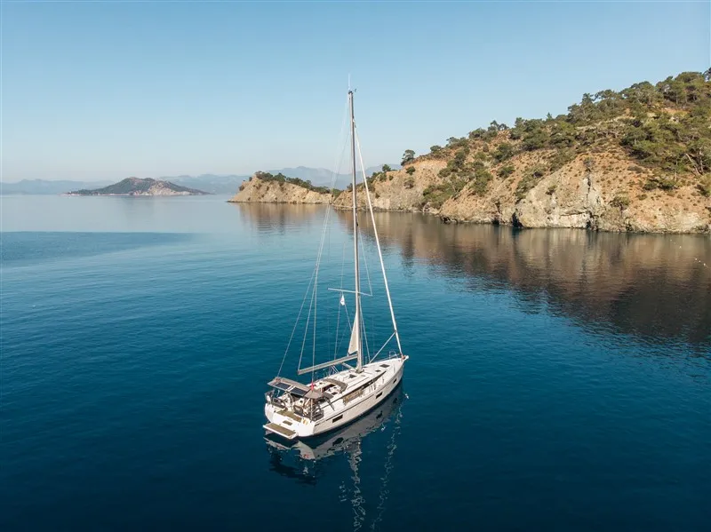 Exterior view of Nomad, a Bavaria C42 sailboat at Fethiye, Turkey
