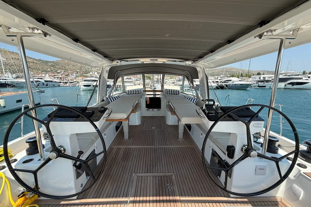 Cockpit of Scorpio III, a Beneteau Oceanis 60 sailboat at Seget Donji, Croatia