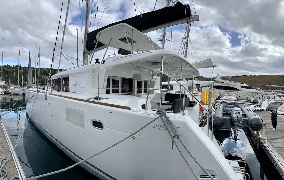 Exterior view of Zen, a Lagoon 450 F catamaran at Split, Croatia