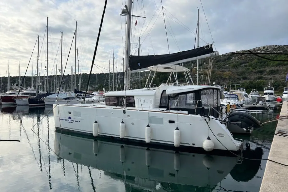 Exterior view of Zen, a Lagoon 450 F catamaran at Split, Croatia